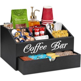 Farmhouse Wooden Coffee Bar Organizer - Countertop Station With Drawer, Pods Holder & Storage Basket