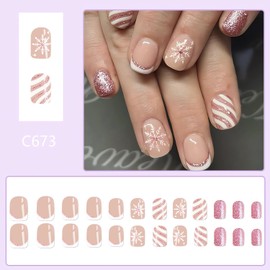 24Pcs White French Tip Christmas Press on Nails Short Square Fake Nails White Snowflake Press on Nails with Pink Glitter Designs Square Shaped Christmas Glue on Nails Glossy Full Cover Stick on Nails