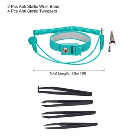 sourcing map 2pcs ESD Anti Static Wrist Band PU Wired Static Bracelet 6ft Adjustable with Anti Static Tweezers for Computer Electronics Repair