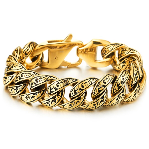 COOLSTEELANDBEYOND Men's Vintage Stainless Steel Curb Chain Bracelet with Tribal