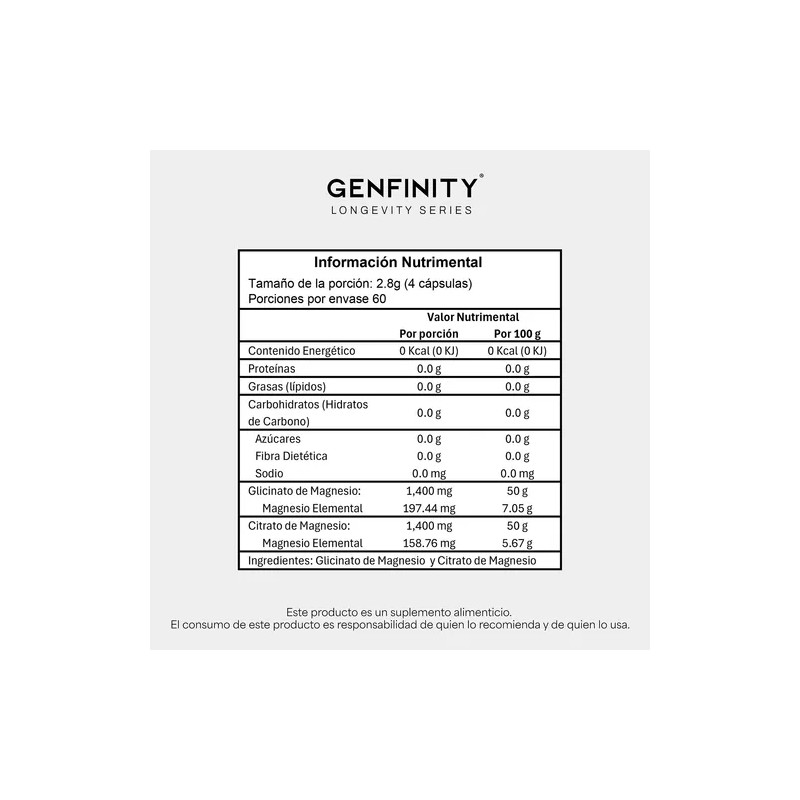 Magnesio Dual Blend Genfinity - 240 Cáps Citrato Y Glicinato