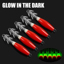 OROOTL Glow Squid Jig Hooks Kit, 5/10pcs Saltwater Luminous Squid Jigs Lure Fluorescent Fishing Cuttlefish Sleeve Squid Jig Baits Night Fishing Octopus Lures Set with Tackle Box