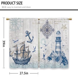 Laifzere Vintage Nautical Sailboat Kitchen Curtains Lighthouse Compass Anchor Small Short Cafe Window Curtains Sea Ocean Rod Pocket Bathroom Drapes Treatment Tier Curtains 2 Panels (27.5x39 Inch)