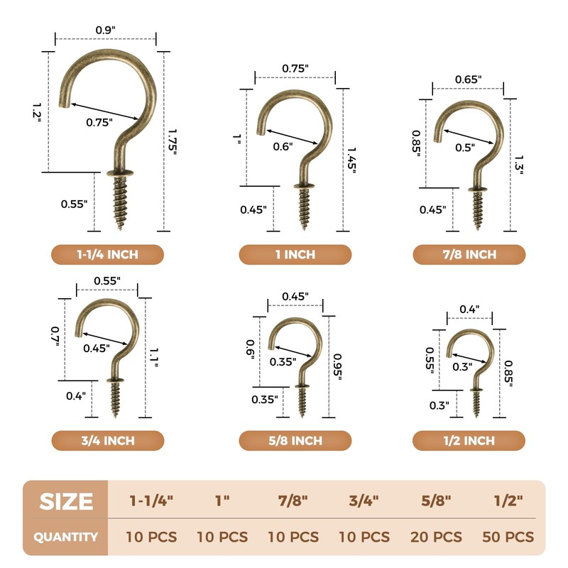 RELBRO Screw Hooks, 6 Sizes Metal Screw in Cup Hooks,
