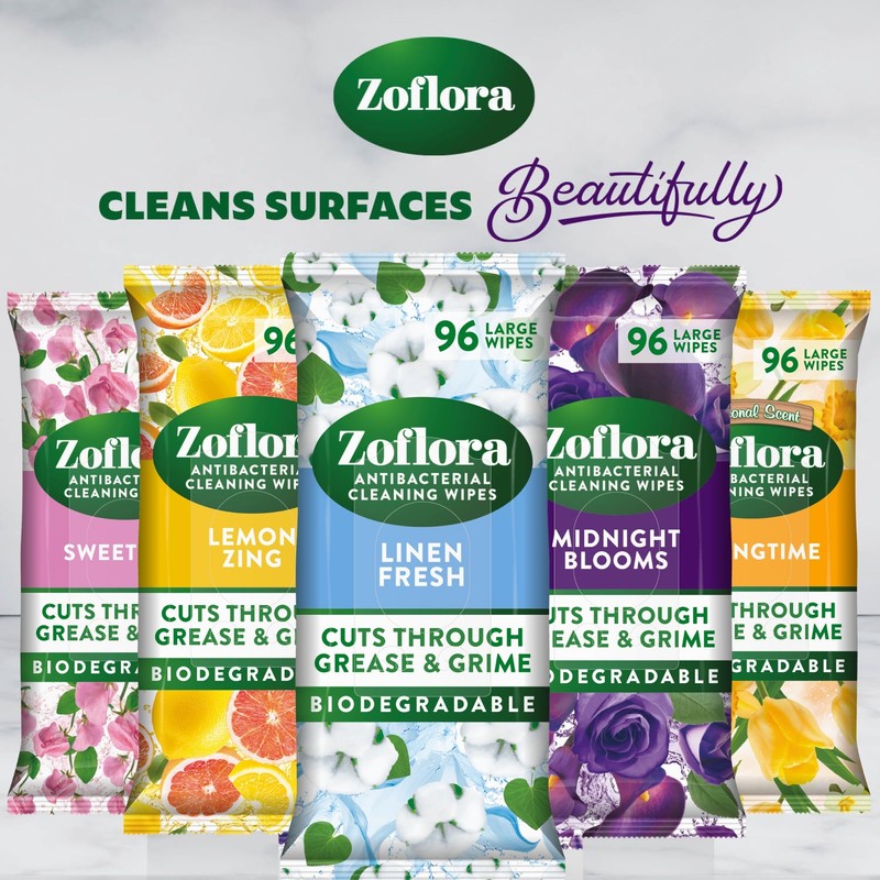 Zoflora Midnight Blooms Biodegradable Wipes, Antibacterial Multi-surface Cleaning Wipes, Kills