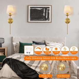 femusytt Dimmable Plug in Wall Sconces Set of 2, Gold Plug in Wall Lamp with White Fabric Shade, Mid Century Corded Sconce Decor Indoor Modern Plug in Bedside Wall Light for Bedroom Living Room