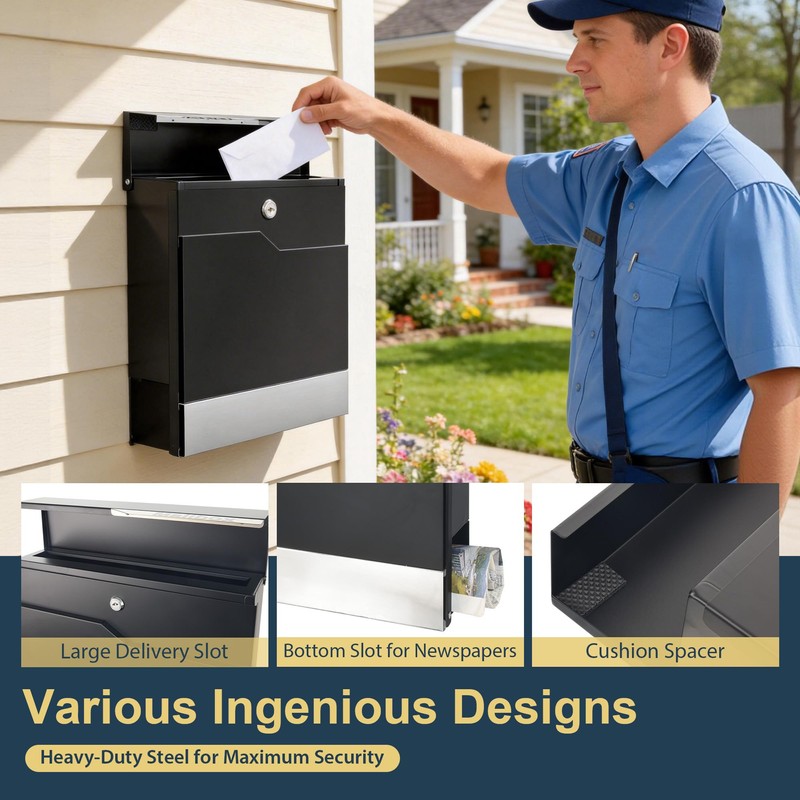 Modern Black Mailbox Wall Mount for Outside, Large Locking Security