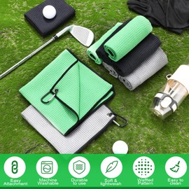 Batiyeer 12 Pcs Golf Towel Bulk for Golf Bags 16'' x 16'' Microfiber Fabric Golf Towel with Clip Waffle Pattern Golf Towel for Golf Bags, Fitness, Camping, Hiking, Yoga (Black,Gray,Green)