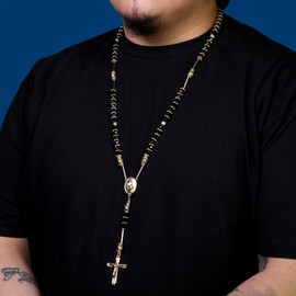L & L Nation Gold & Black Tone 39" Glass Beaded Chain Jesus Rosary Cross Pendant w/Prayer Hands Charm Necklace…