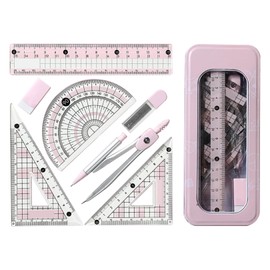 Protractor And Compass Set,Geometry Sets for Secondary School Stationery Supplies Pink Aesthetic Cute Math Kit Maths Set Kids Drawing Equipment Box,for Girls Students Teaching (Pink)