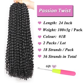 Samtress Long Passion Twist Hair 24 Inch Water Wave Crochet Hair 2 Packs Natural Black Bohemian Synthetic Hair Curly Braiding Hair for Butterfly Locs Hot Water Setting Braiding Hair for Women (#1B)