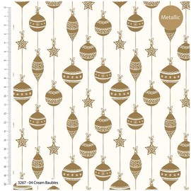 Metallic Baubles-Christmas Printed Cotton Fabric 44’ Wide Approx. 100% Cotton. Ideal for Crafts, Patchwork, and Dressmaking