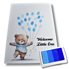 Baby Shower Fingerprint Guestbook Print - Teddy Bear - Balloons - A4 - Pink Blue Neutral Unisex Gender Reveal Party - Newborn Keepsake Gift (Blue)