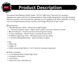 ChrisDowa 100% Blackout Window Shade 36x72 – ChrisDowa Roller Blind, Thermal, Light Grey