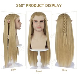 Long Blonde Straight Wig with Elf Ears for Men Costume Braided Ash Blonde Wig for Halloween Cosplay Party