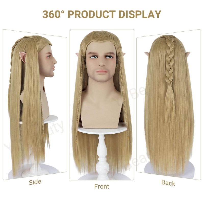 Long Blonde Straight Wig with Elf Ears for Men Costume