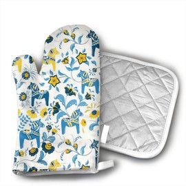 Scandinavian Swedish Dala Horses and Kurbits Flowers Oven Mitts - Pot Holders - Decor for The Kitchen - Potholder Oven Mitt Set (2 Piece) Includes 1 Potholders 1 Oven Mitts - Kitchen Decor