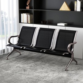 kinbor Waiting Room Chair - Guest Reception Chairs Waiting Bench with Armrests for Clinic Airport Bank Salon Barber Waiting Area, Black 3 Seat