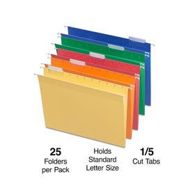 Staples Heavy Duty Hanging File Folders, 5-Tab, Letter Size, Assorted Colors, 25/Box