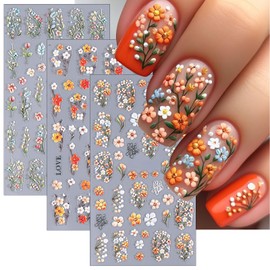 5D Embossed Nail Stickers 3Pcs Summer Colorful Flowers Leaves Nail Stickers for Nail Art Spring Floral Leaf Plant Self-Adhesive Sliders Nails Decals for Women and Girls Manicure Decoration Supplies