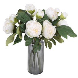 IPOPU Silk White Flowers Artificial Peonies 5PCS 10heads Vintage Fake Peonies Silk Peonies with Stems Real Look for Spring Decorations Floral Arrangements Home Table Centerpiece (White)