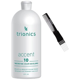 kuss Trionics ACCENT 10 The Enzyme Color Developer, 10 Volume Hydrogen Peroxide for Haircolor Hair Color Dye Activator (w/Premium Carbon Teasing Comb) (32 oz large liter size)