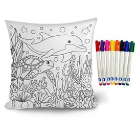 Fkwergsy Coloring Kids Pillowcase - Dolphin Turtle Pillow Cover with 8 Colour Fabric Markers - Soft Polyester Fabric Arts Crafts Pillow Case