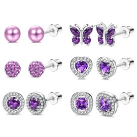 Kakonia 6 Pairs of Stud Earrings for Women Hypoallergenic 316L Stainless Steel Birthstone Earrings Stud Colourful CZ Heart Butterfly Birthstone Flat Back Earrings, Stainless Steel