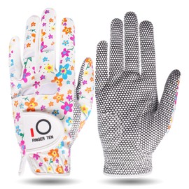 FINGER TEN Golf Gloves Women's Ladies Left Hand or Right Handed Grip Weathersof Value 2 Pack, Fit Size Medium Small Large Pro Design (2 Flower, Large, Left)