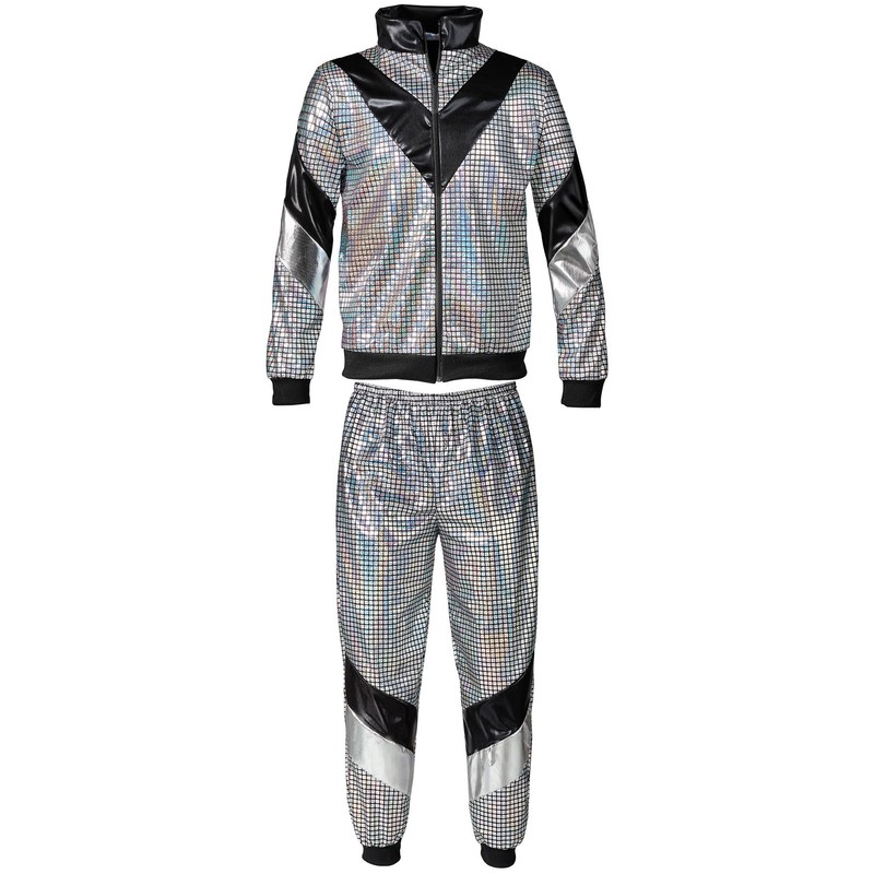 dressforfun Men's Costume Retro 80s 90s Disco Jogging Suit, silver