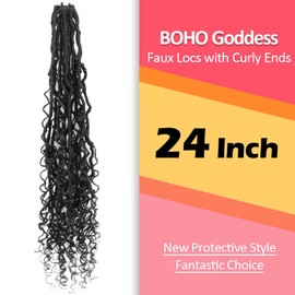 BOHO BABE Goddess Faux Locs with Curly Ends 24 Inch, Pre-looped, Boho Style, Natural Black Soft Distressed Locs with Curls (6 Packs, 1B)