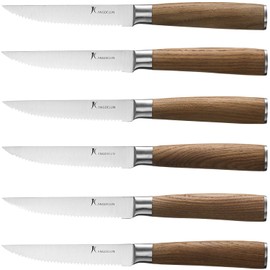 kangdelun Natura Series 4.5” Serrated Steak Knife Set of 6, High Carbon Stainless Steel, Wooden Handle
