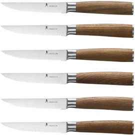 kangdelun Ultra Sharp 6-Piece Steak Knife Set, 4.5" Serrated Blades, 50Cr15MoV High-Carbon Stainless Steel, Torrefied Brown Ash Wood Handles, Magnetic Gift Box