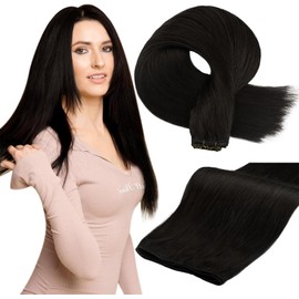 Full Shine Black Hair Extensions Genius Weft Jet Black Sew in Hair Extensions Human Hair 22 Inch 60 Grams Handtied Sew in Extensions for Women
