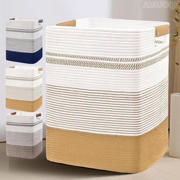 AINUOQI Laundry Hamper - 85L Large Laundry Basket with Leather Handles, Decorative Storage Basket for Blankets - Cotton Rope Woven Baskets for Storage, Clothes Hamper for Living Room, Jute & White