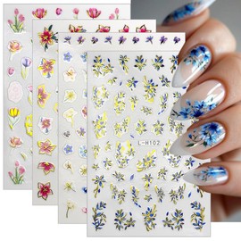 8 Sheets Flower Nail Art Stickers Decals 3D Self-Adhesive Nail Decals Bronzing Gold Edge Design Colorful Floral Butterfly Nails Stickers Spring Nails Art Supplies for Women DIY Manicure Decorations