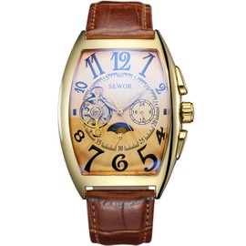 SEWOR Tourbillon Mens Moon Phase Automatic Mechanical Wrist Watch Leather Band Glass Coating Blue (XXL) (Gold)