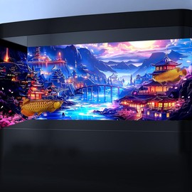 24X16IN Blacklight Japanese Anime Black Light Aquarium Background, UV Art City Night Fish Tank Background Scenery Terrarium Background with 10 EVA Double-Sided Tape