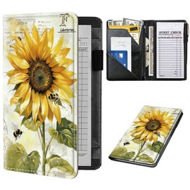 Server Book for Waitress, Cute Serving Books with Zipper Pocket, Leather Server Check Book Ticket Book Holder, Restaurant Waitress Accessories Server Booklet Organizer,Beautiful Sunflowerand Bees