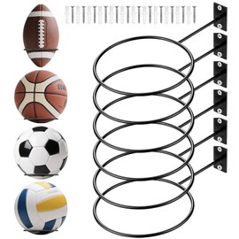 Pack of 6 Ball Holder Wall Basketball Football Holder Wall Ball Stand Wall Mounted Ball Wall Mount with Screws and Plastic Dowels for Basketball Football Rugby Ball Volleyball Metal Black