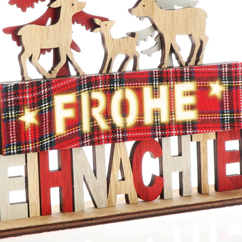com-four® LED decorative stand made of wood, illuminated lettering on