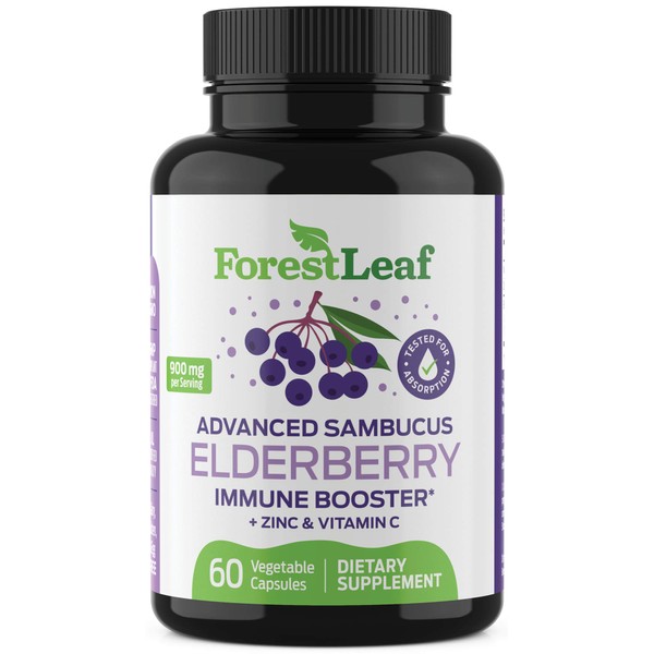 ForestLeaf Advanced Sambucus Elderberry Immune Support (9000mg) - Black Elderberry Capsules, Elderberry Supplements with Vitamin C and Zinc, Elderberry for Kids and Adults - 60 Vegetarian Capsules