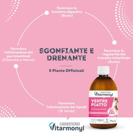 Vitarmonyl Ventre Piatto - Drenante con Thè Verde e Finocchio - Detox da Bere - Contro il Gonfiore - Gusto Limone - 500 ML -