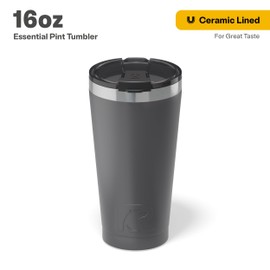 RTIC 16oz Essential Pint Tumbler with Lid, Insulated, Stainless Steel, Metal, Double Wall Vacuum-Insulation, Ceramic Lined, Portable Travel Cup for Beer, Iced Coffee, Tea, Hot and Cold Drink, Graphite