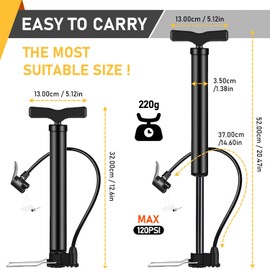 Bike Pump Multifunction Portable Bicycle Tire Floor Pump Mini Bicycle Air Inflator 120PSI T-Handle for Reversible Presta & Schrader Valves (Black)