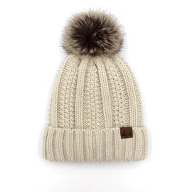ACCEHUT Faux Fur Pom Beanie Hat for Women Fleece Lined Warm Skull Cap Wool Blend Pompom Hat Dark Beige