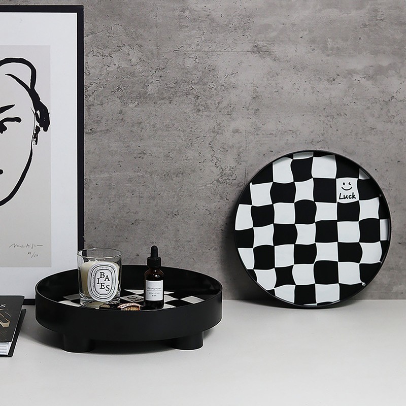 Round Storage Organizer Tray Checkerboard Design Plate Container Tray for