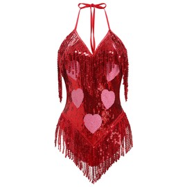 ABAFIP Women's Sequin Fringe Dance Bodysuit Halter V-Neck Sparkly Tassel Leotard Rave Festival Outfit Red Small