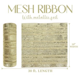 MEEDEE Champagne Deco Mesh 10 Inch Deluxe Wide Foil Metallic Mesh with Gold Tinsel Champagne Gold Mesh Ribbon for Christmas Tree, Wreaths, Garland, Gift Wrapping, Bows Making (30 Feet)