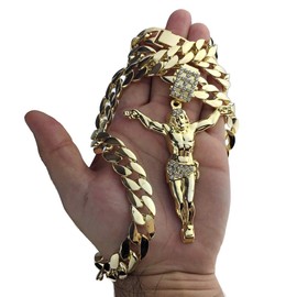 14K Gold Plated Jesus Body Pendant 3.5" Crucifix 33" Cuban Link Hip Hop Chain